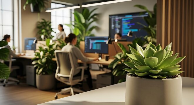 Modern open office space with employees working featuring lush green plants ideal for showcasing a productive and healthy work env
