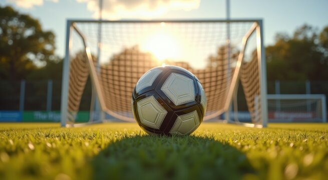 Soccer ball sitting on the grass in front of a goal - Powered by Adobe