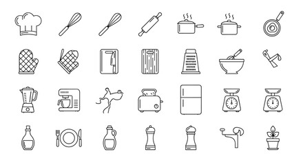 A comprehensive collection of outline icons representing cooking and kitchen essentials, featuring a clean, linear design with editable strokes. This vector illustration provides an ordered line icon