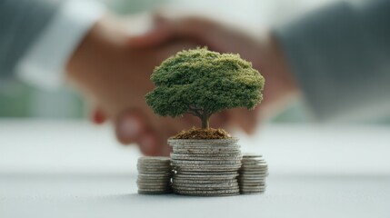 Growing Investment: A symbolic representation of financial growth, this image showcases a tree flourishing on a stack of coins, while hands shake in the background.