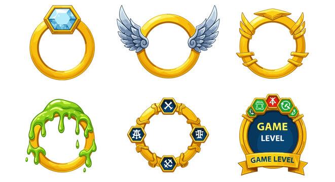 Set of six golden ring frames for game avatars, isolated on a white background. These vector cartoon illustrations feature decorative borders with a blue gemstone, silver wings, gold wings, green