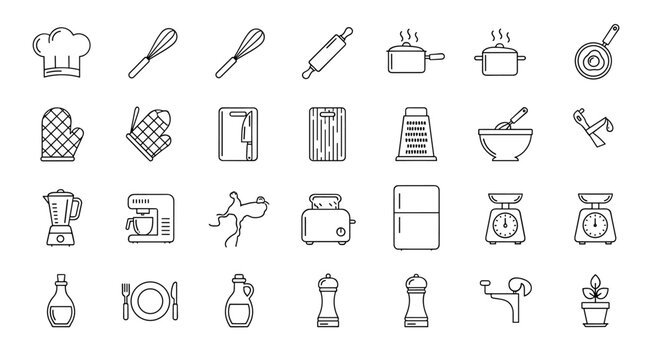 A comprehensive collection of outline icons representing cooking and kitchen essentials, featuring a clean, linear design with editable strokes. This vector illustration provides an ordered line icon