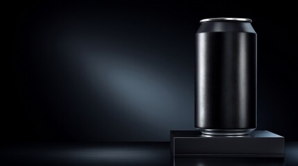 Sleek Black Can on a Minimalist Platform with Dramatic Lighting and Dark Background.