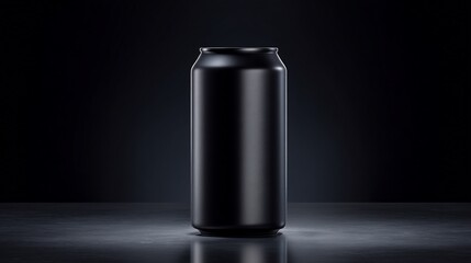 Sleek Black Beverage Can Isolated in a Dark Studio Environment, Lit with a Subtle Spotlight.