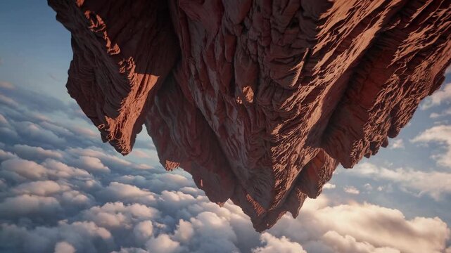 Surreal video concept of an inverted mountain above clouds, captured from a low-angle, showcasing dramatic lighting and textures.
