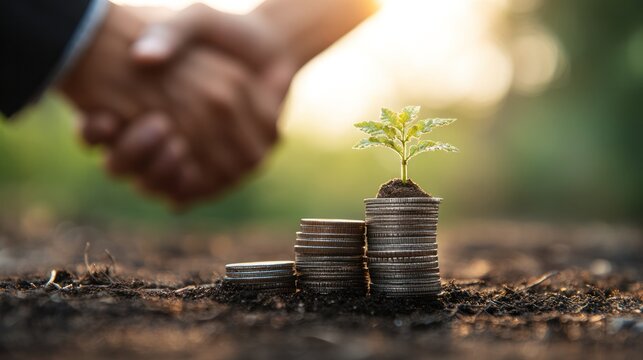 Investment in Growth: Symbolizing the power of investment and the promise of growth, a verdant sprout emerges from a stack of coins. Accompanied by a firm handshake.