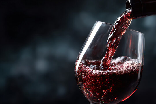 Pouring red wine into a glass, with a close-up of the elegant process. The wine glass is in focus, with the background blurred - Powered by Adobe
