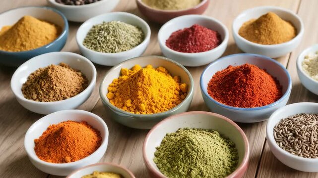 Assorted spices and herbs in different colors displayed in small ceramic bowls on a wooden surface. Culinary ingredients for flavoring food. Vibrant kitchen scene.