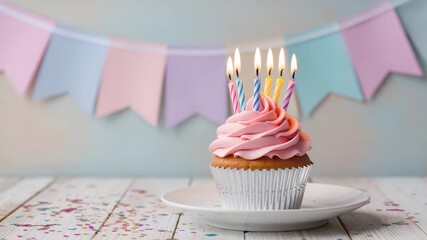 Cupcake with pink swirl frosting and seven burning candles placed on a white plate with confetti and pastel decorations in the background. Colorful birthday setup. Sweet party moment. - Powered by Adobe