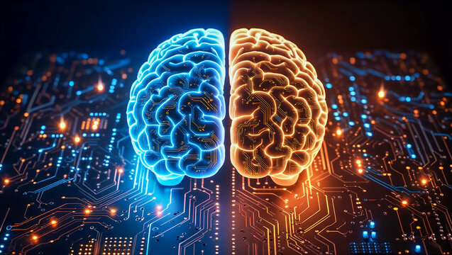 Digital Brain with Blue and Orange Hemispheres over Circuit Board – Conceptual Background for AI, Neural Networks, and Cognitive Computing