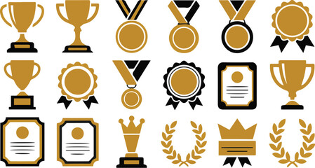 Gold, silver, and bronze trophy and medal award icons set for sport or business prize winner illustration