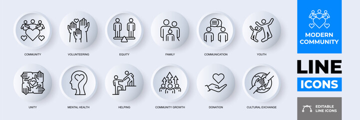 Flat and Minimalist Modern Community Editable Stroke Outline Icons Set.