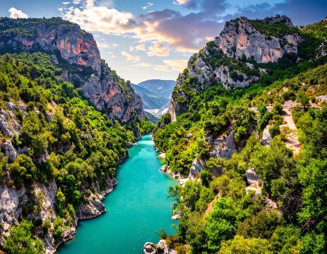 Deep turquoise river winds between high, rocky cliffs covered in lush green trees under a partly cloudy sky
