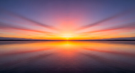 Obraz premium A spectacular burst of light and color as a vibrant sunrise reflects symmetrically on the serene surface of the water