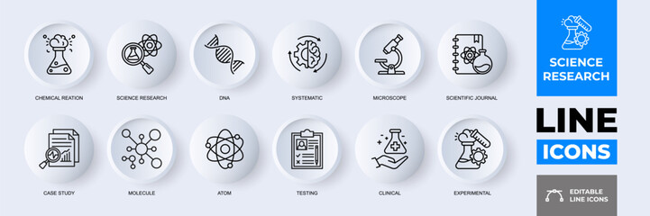 Minimalist Science Research Laboratory and Experiment Modern Outline Icons Set with Editable Stroke.
