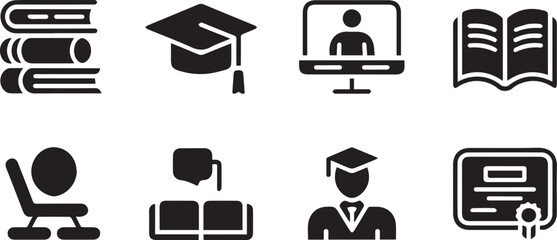 Education icons set featuring a graduation cap and diploma to represent academic success, university students, and the achievement of a degree