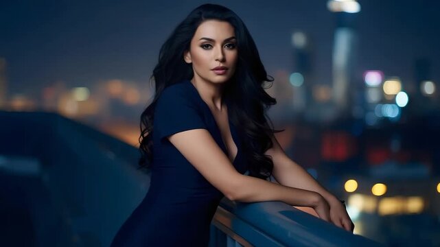 Elegant Woman Posing at Night A striking woman in a sophisticated pose at night, illuminated by city lights in the background. She exudes elegance, beauty, and confidence.