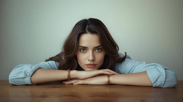 Poised Contemplation Portrait of a woman, resting her arms on a table, exudes an aura of focused reflection. her direct gaze captivates with a sense of calm and focused intensity. 