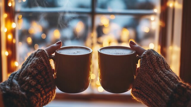 Couple holding mugs of hot chocolate near window Christmas lights reflection cozy faceless romantic festive mood - Powered by Adobe