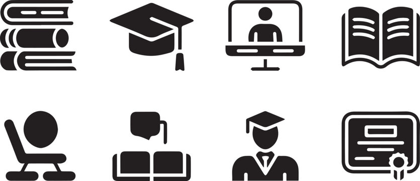 Education icons set featuring a graduation cap and diploma to represent academic success, university students, and the achievement of a degree