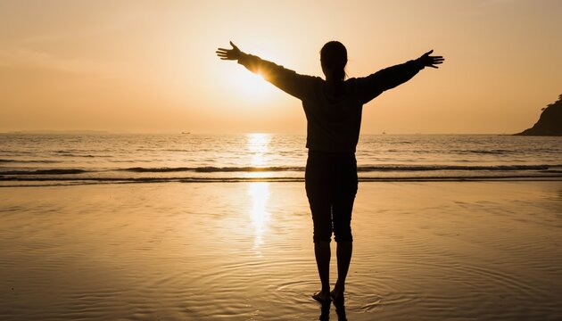 Silhouette of a person with open arms enjoying the golden sunset on a tranquil beach, embracing freedom and life