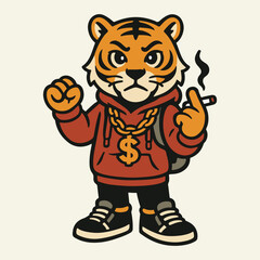 A cool tiger cartoon character, sporting a gold chain and hoodie, puffing a cigarette with an attitude.