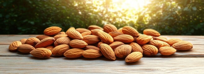 Close-up of a pile of whole almonds placed on a wooden surface with warm natural sunlight and green foliage in the background