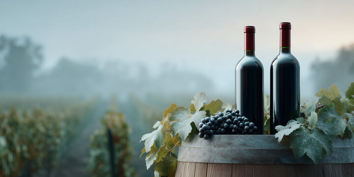 Two bottles of red wine rest on a wooden barrel, with grapevines and a vineyard in the background, a moment captured with a touch of elegance and natural beauty.