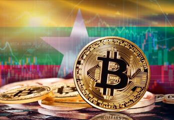 Bitcoin with Myanmar flag in the background. Investors in cryptocurrency and Blockchain Technology in Myanmar, Concept
