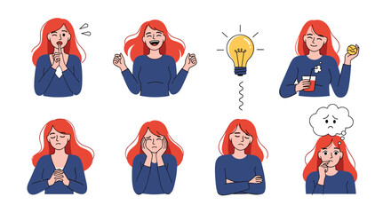 A collection of illustrated female emotions and expressions showing different moods and reactions to situations.