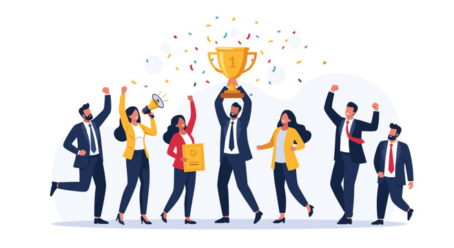 A diverse group of professionals celebrates a significant achievement holding a golden trophy aloft surrounded by confetti.