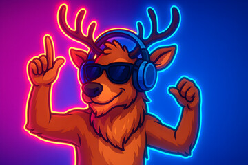 Cartoon reindeer with sunglasses and headphones in a neon light style for a fun and modern christmas design, christmas