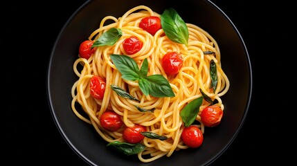 Delicious spaghetti pasta dish with cherry tomatoes fresh basil vibrant colors and appealing presentation showcasing authentic Italian cuisine for gourmet dining