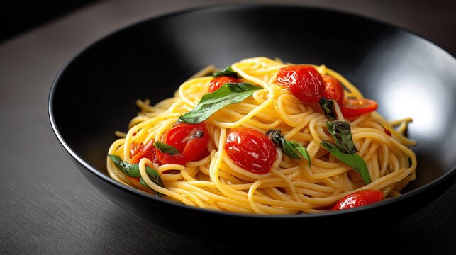 Elegant Italian pasta dish featuring fresh cherry tomatoes fragrant basil and perfectly cooked spaghetti served in a sleek black bowl ideal for gourmet dining