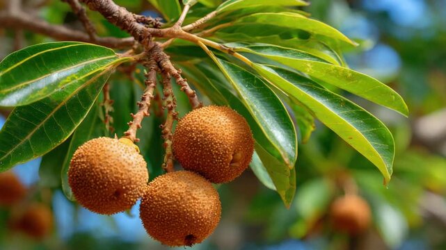 Close-up of sapodilla fruit hanging on a branch with green leaves against a soft blue background