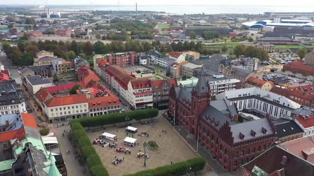 Aerial view of the Landskrona Radhus and Stortorget, the town hall square, showcasing the city's vibrant architecture and urban landscape, Landskrona, Scania County, Sweden.