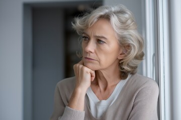 Elegant elderly woman with gray hair and contemplative expression in a relaxed indoor setting capturing natural light wellness and peaceful lifestyle