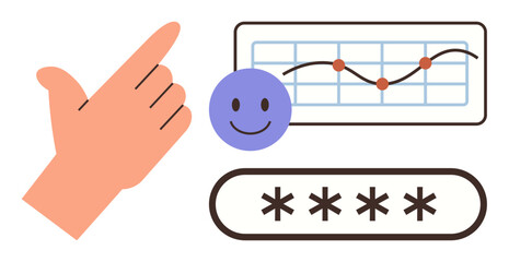Hand snapping, smiling face, chart with trendline, and password field evoke interaction, analytics, security. Ideal for productivity, user experience, engagement security simplification