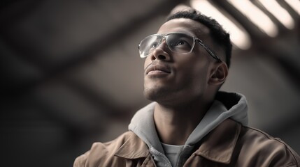 Modern male portrait of a young adult wearing casual hoodie and glasses looking thoughtfully indoors with natural lighting and urban background for stylish fashion content