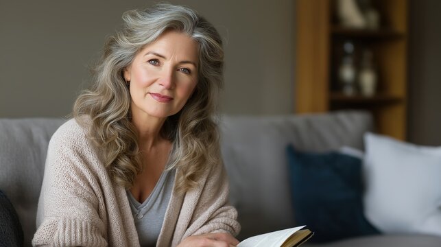 Elegant elderly woman with gray hair smiling peacefully while reading at home showcasing senior lifestyle comfort relaxation wellness and happiness - Powered by Adobe