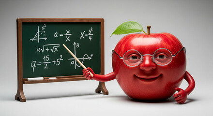 An ultra-realistic stock photo depicts a friendly, bespectacled red apple with a human face, embodying a teacher. The apple holds a wooden pointer stick, gesturing towards a miniature green chalkboard