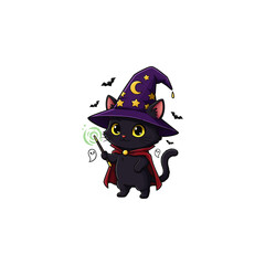 Black cat magician wearing hat icon flat vector design.