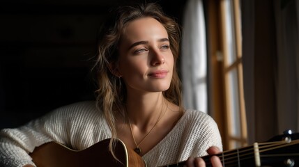 Elegant portrait of a young woman in casual wear enjoying natural light indoors with a serene contemplative expression and warm tones for a relaxed lifestyle scene