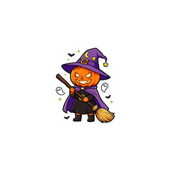 Cute pumpkin witch holding a broom icon flat vector design.