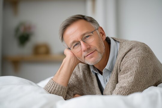 Peaceful elderly senior man with glasses relaxing at home conveying comfort tranquility and mature lifestyle in a cozy indoor setting