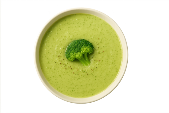 Creamy green broccoli soup in white bowl topped with floret