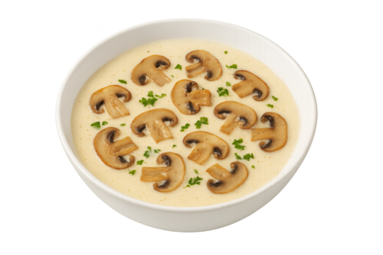 Creamy mushroom soup in white bowl, topped with sauteed slices and parsley
