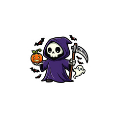 Grim Reaper holding a tiny pumpkin icon flat vector design.