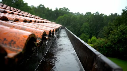 roof tile terracotta glisten under rain. gutter channels water and drip from eave. raindrop fall and ripple along gutter edge. forest beyond adds green contrast to wet surface. rain steady now. - Powered by Adobe