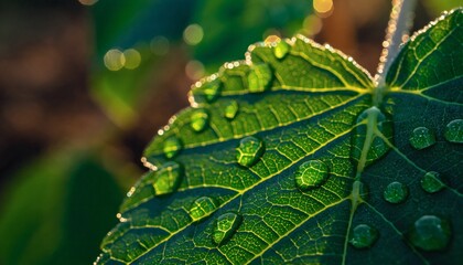 Close-up of a vibrant green leaf glistening with water droplets in the morning sunlight